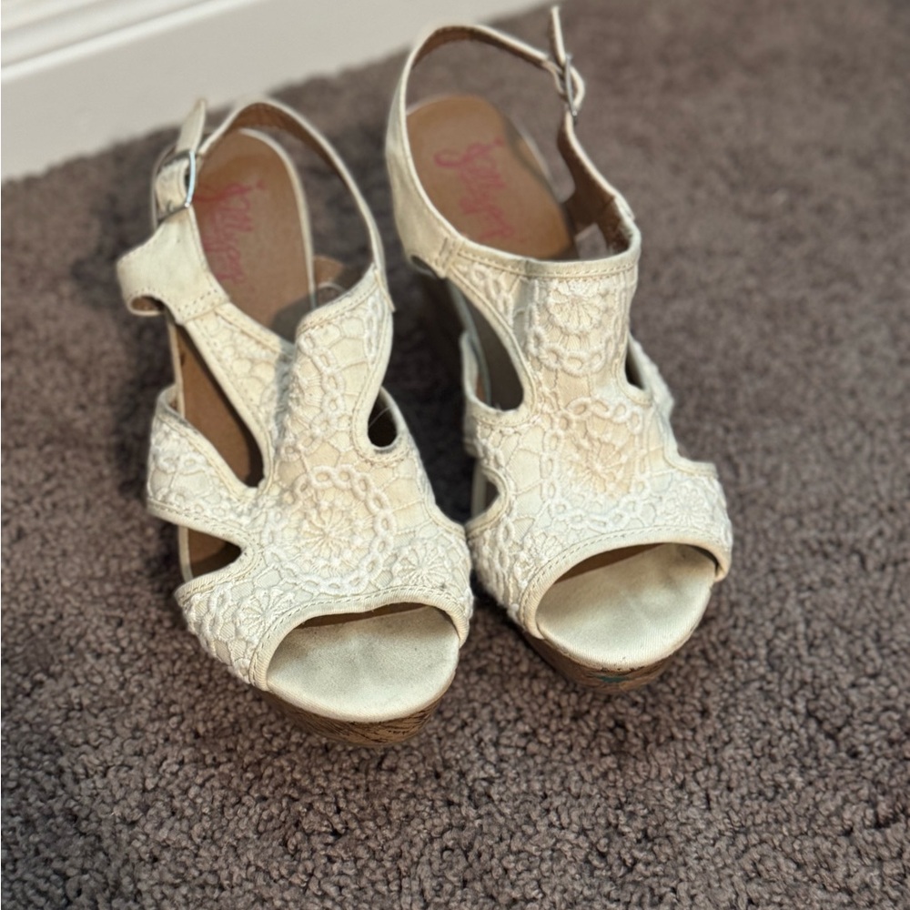 Jellypop Cream Lace Wedge Sandals